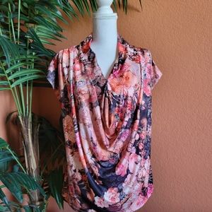 3/$25 ECI New York Blouse Top Floral Print Drape Black Orange Pink XL